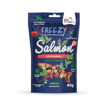 Lyofilizované psí pamlsky lososové sušené maso pro psy s jahodou | BiBi FOOD