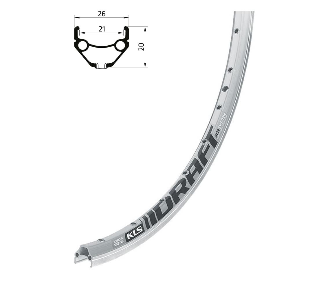 Ráfik KLS DRAFT brúsený, 32H, 1 Nit, AV, 26" black Farba: Silver