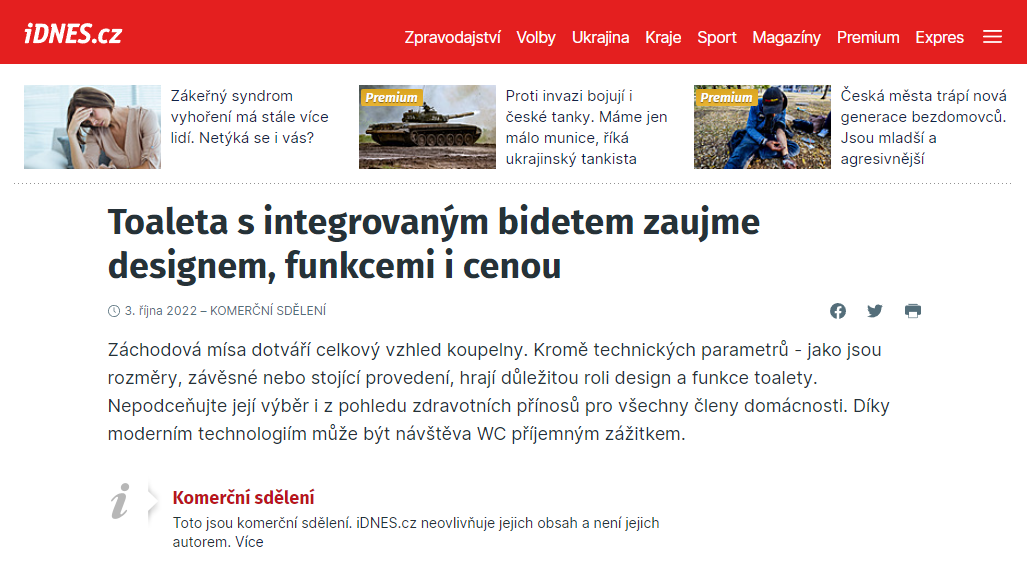 Článek iDNES.cz - Toaleta s integrovaným bidetem zaujme designem, funkcemi i cenou