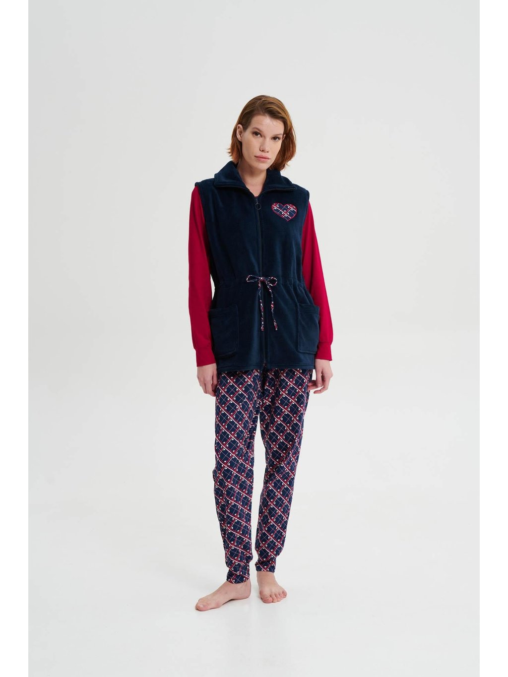 Dámska 3 kombinácia - bavlnené dámske pyžamo s patentami + vesta soft Vamp 19443 (Farba Mix, Veľkosť M)