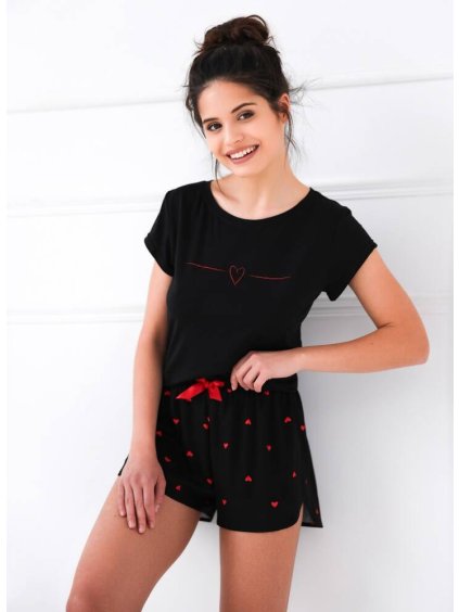 Dámske dvojdielne bavlnené pyžamo s krátkym rukávom a nohavicami so srdiečkami Sensis Love Whipster (Farba Čierna, Veľkosť S)