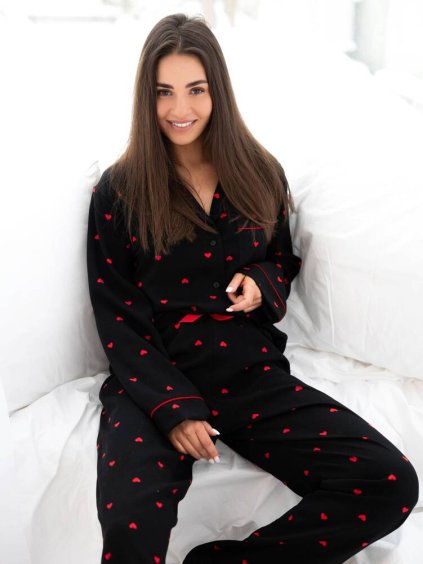 Dámske romantické dvojdielne bavlnené pyžamo na gombíky s drobnými srdiečkami Sensis Rolling in love (Farba Čierna, Veľkosť S)