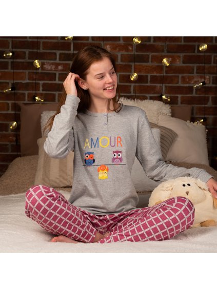 Dlhé pyžamo so sovičkami Amour Cotonella (Farba Tmavosivá, Veľkosť S)