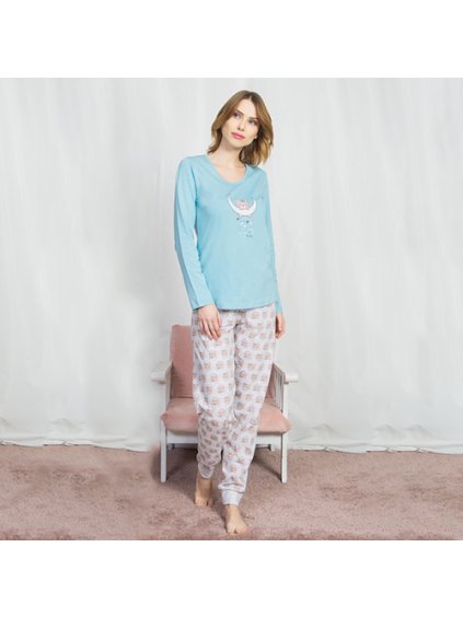 Bavlnené dlhé pyžamo s potlačou spiaceho medveďa Vienetta 3753 (Farba Svetlomodrá, Veľkosť S)