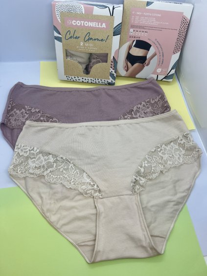 2PACK midi klasické bavlnené nohavičky s čipkou Cotonella  (telová + staroružová) GD173