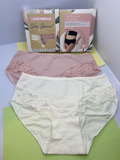 2PACK midi klasické bavlnené nohavičky s čipkou Cotonella  (krémová + bledoružová) GD173