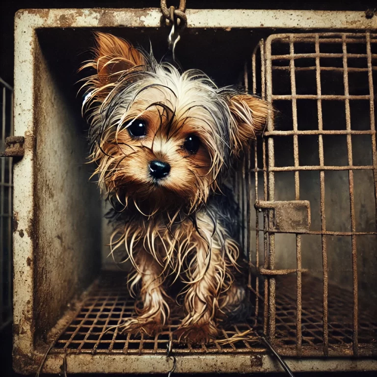 DALL·E-2025-01-18-13.09.56-A-small-sad-and-neglected-Yorkshire-Terrier-confined-in-a-tiny-cramped-cage.-The-dog-looks-visibly-distressed-with-messy-fur-and-a-gloomy-expressi-768x768