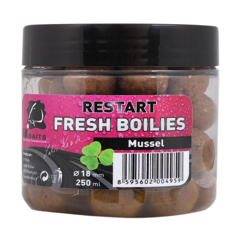 LK Baits boilie v dipu Fresh Boilie Restart Mussel 250ml Průměr: 18mm