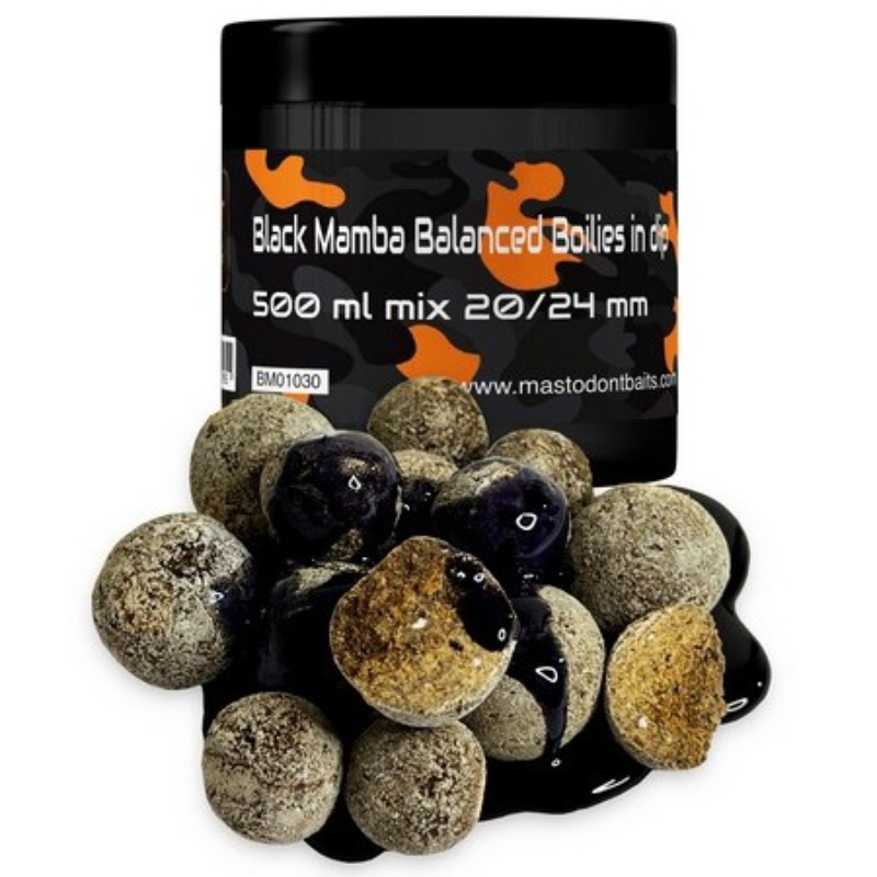 Mastodont Baits vyvážené boilies Balanced Boilies in dip 20/24mm mix 500ml Příchuť: Black Mamba