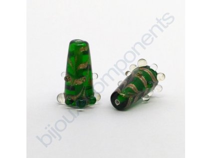 Lampový skleněný korálek - ručně vinutý, cca 24x11mm, zeleno-zlatý avanturín+krystal