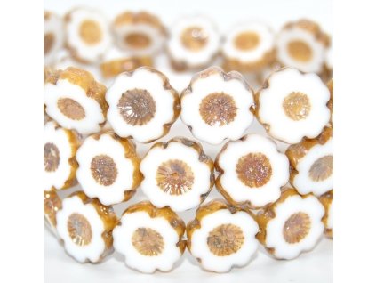 sklenene koralky havajske kyticky 14 mm bile s bezovym okrajem