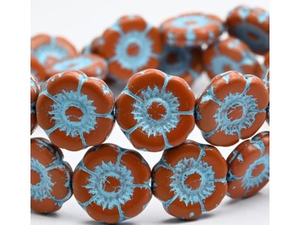 sklenene koralky kytka 18 mm cihlova s tyrkysem