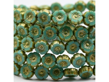 sklenene koralky hawaijske kytky tyrkys zlato 8mm