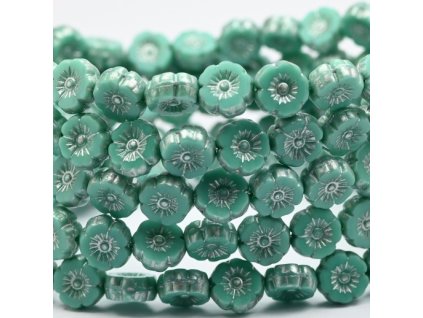 sklenene koralky hawaijske kytky tyrkys stribro 8mm