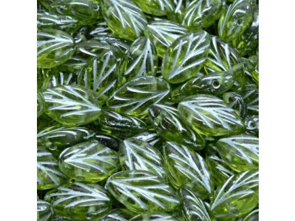 sklenene koralky listky zelene se stribrem