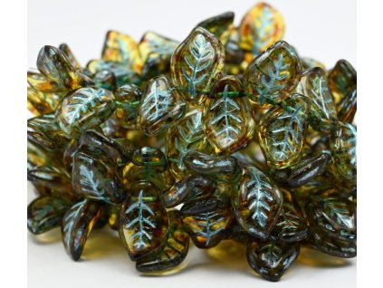 sklenene koralky listky hnede s tyrkysem