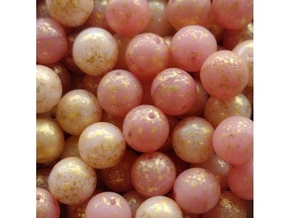Skleněné korálky - růžový mix se zlatým dekorem