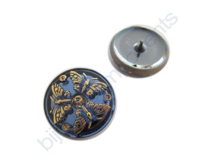 Skleněný knoflík s motivem motýlů, metalický modro-šedý, zlatý motiv