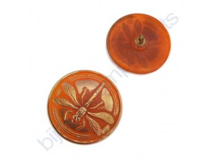 Skleněný knoflík s motivem vážky, oranžový, zlatý motiv