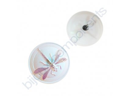 Skleněný knoflík s motivem vážky, matový AB krystal, motiv lesklý