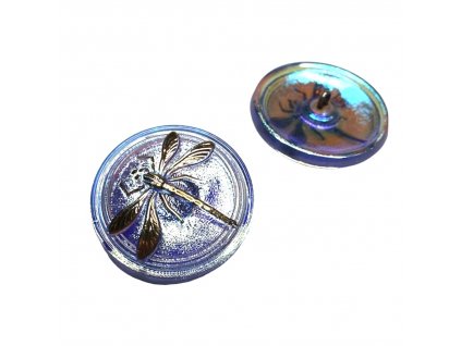 Skleněný knoflík s motivem vážky, metalický pokov růžovo-zelený
