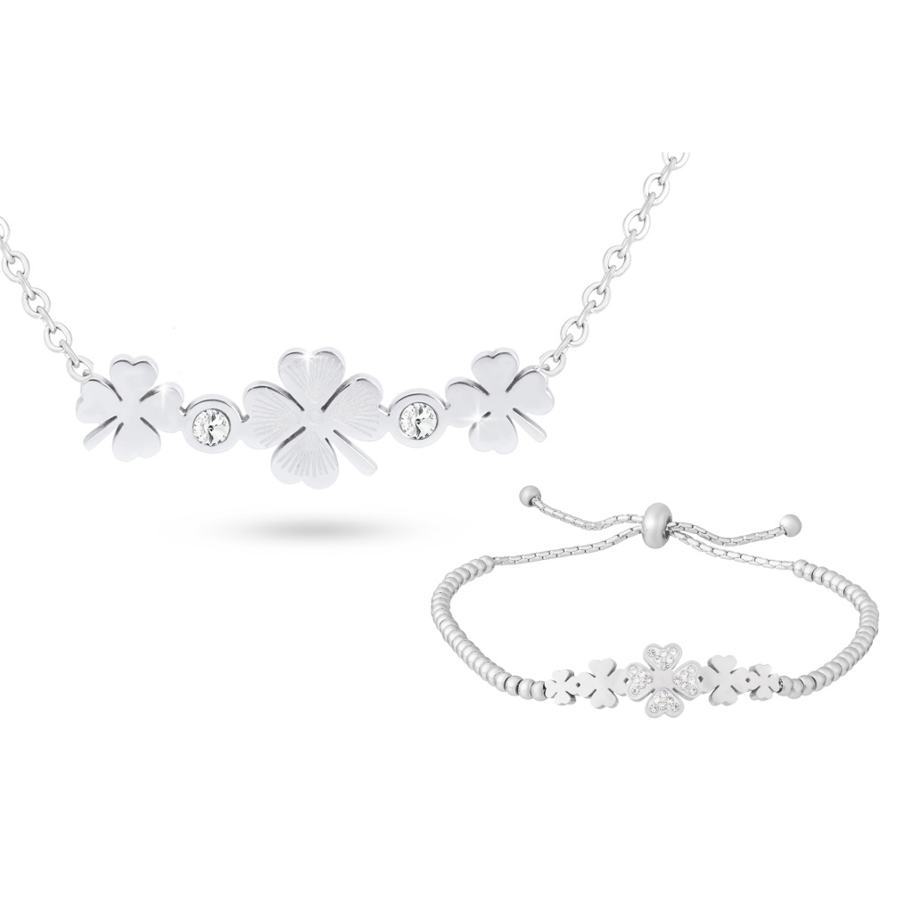 Set z chirurgické oceli čtyřlístek se zirkony, řetízek + náramek s posuvnou kuličkou 231