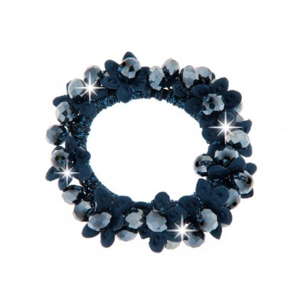 Vlasová gumička s kytičkami a korálky - modré barvy 8000761-2