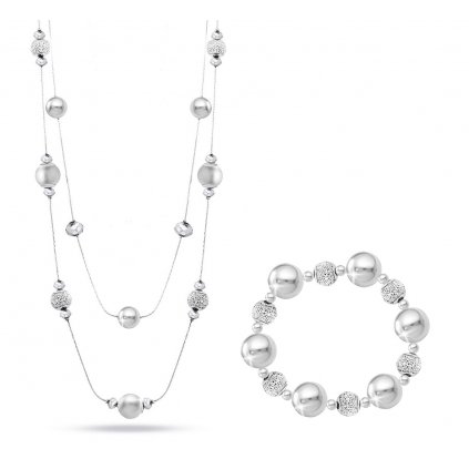 Set z bižuterního kovu, náhrdelník + náramek ozdobený jemnými korálky - provedení stříbrné a šedé barvy 03