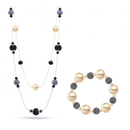 Set z bižuterního kovu, náhrdelník + náramek ozdobený jemnými korálky - provedení zlaté a černé barvy 04