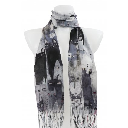 Dámský obdélníkový šátek s potiskem koček 209-8, šedé barvy 7200550-3