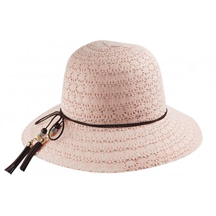 Dámský klobouk, růžové barvy s ozdobným provázkem, korálky a střapci 9001435
