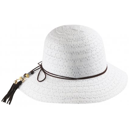 Dámský klobouk, bílé barvy s ozdobným provázkem, korálky a střapci 9001435-1