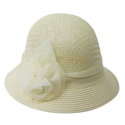 Dámský slaměný klobouk, žluté barvy s ozdobnou růží 9001440-1