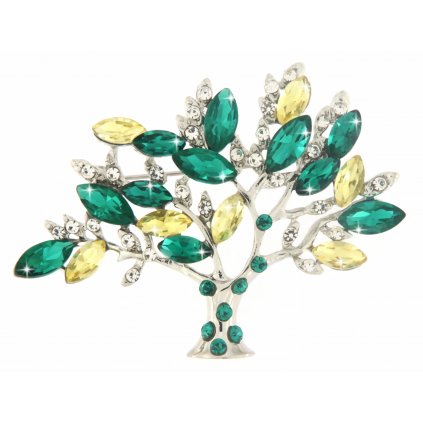 Brož - strom ozdobený zeleno-žlutými zirkony, stříbrné barvy 9001463-1