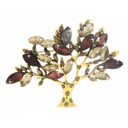 Brož - strom ozdobený hnědo-červenými zirkony, zlaté barvy 9001463-2