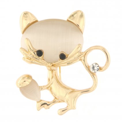 Brož - kočička s rybou a umělým kamenem, zlaté barvy 9001464