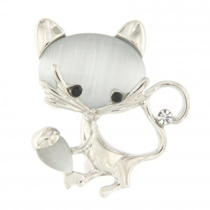 Brož - kočička s rybou a umělým kamenem, stříbrné barvy 9001464-1