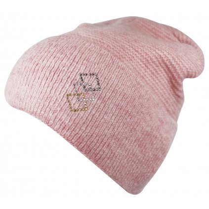 Dámská pletená čepice Wrobi s kamínky ve tvaru symbolu, růžová 7100378-1