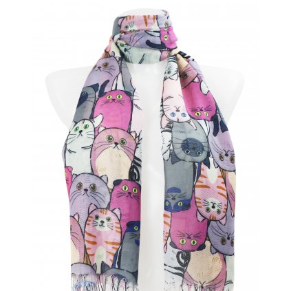 Dámský kašmírový obdélníkový šál s potiskem koček 2108-3, multicolorové růžové barvy 7200576-4