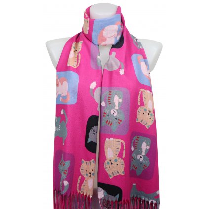 Dámský kašmírový obdélníkový šál 2110-15 kreslené kočičky, růžové barvy 7200584-1