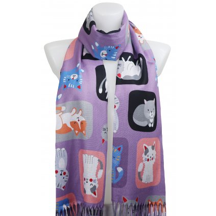 Dámský kašmírový obdélníkový šál 2110-15 kreslené kočičky, fialové barvy 7200584-6