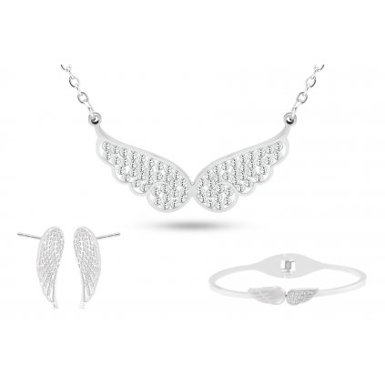 Set z chirurgické oceli andělská křídla, řetízek + náušnice + náramek se zirkony a perletí 217