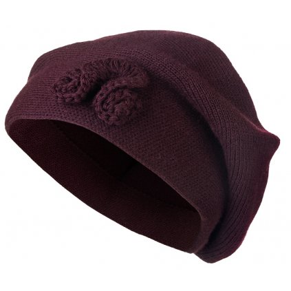 Dámský pletený baret s květinou, vínové barvy 7100221-2