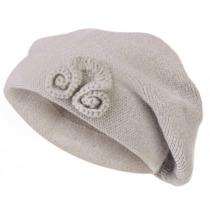 Dámský pletený baret s květinou, béžové barvy 7100221-3