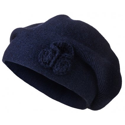 Dámský pletený baret s květinou, tmavě modré barvy 7100221-4