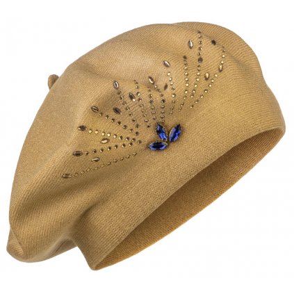 Dámský pletený baret s kamínky, světle hnědé barvy 7100381-3