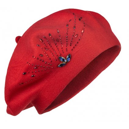 Dámský pletený baret s kamínky, červené barvy 7100381-4