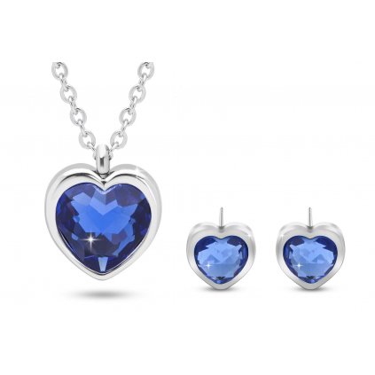 Set z chirurgické oceli srdce, řetízek + náušnice s modrými zirkony 10 0023-1
