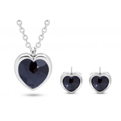 Set z chirurgické oceli srdce, řetízek + náušnice s černými zirkony 10 0023-2