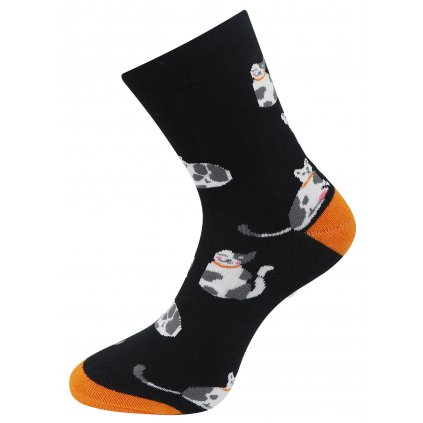 Dámské froté ponožky s potiskem černobílé kočky NV8865, černé barvy 9001499